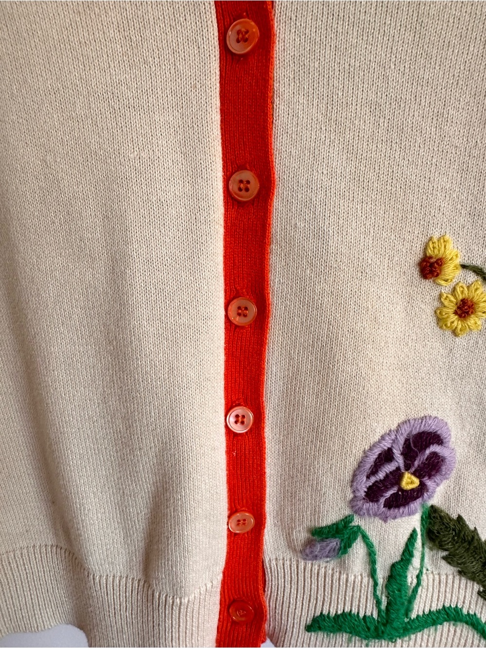 Vintage Lucky Brand Cream V-Neck Cardigan w/ Orange Trim & Floral Embroidery - Picture 10 of 16